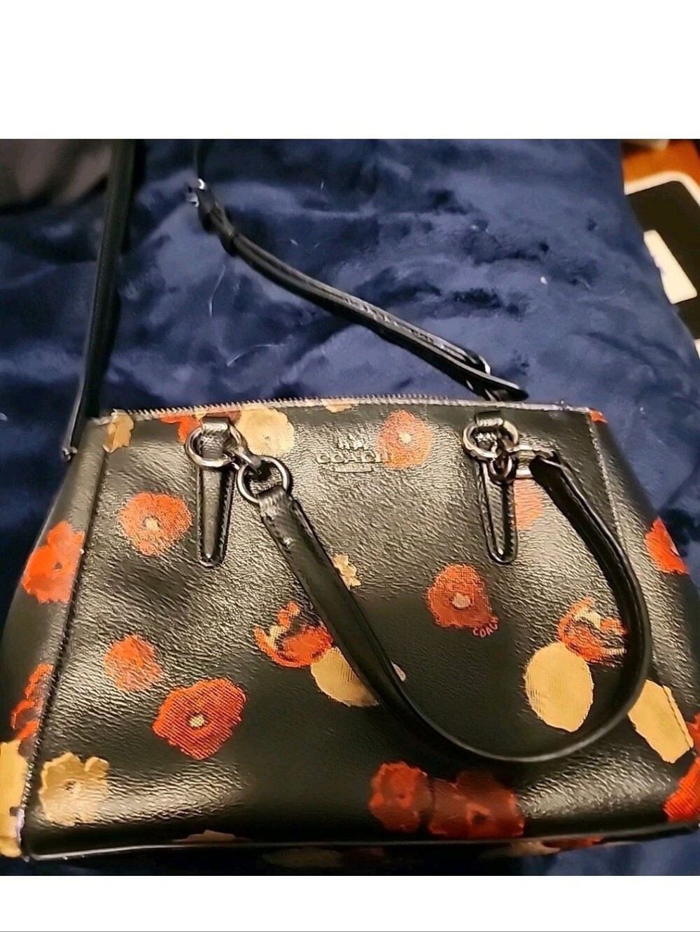 COACH Black Leather Satchel with Orange & Cream Floral Print - Picture 6 of 6